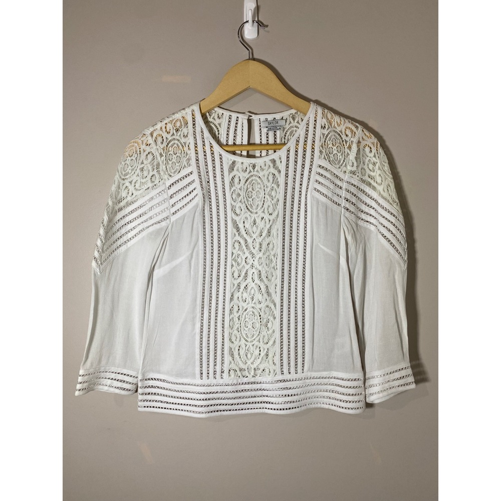 Saylor White Lace Boho Blouse XS 3/4 Sleeve Keyhole Back Romantic Top LindaTop
